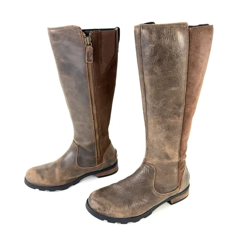 Sorel Boots Womens 6.5 Emelie Tall Riding Brown Leather Side Zip Knee High Block